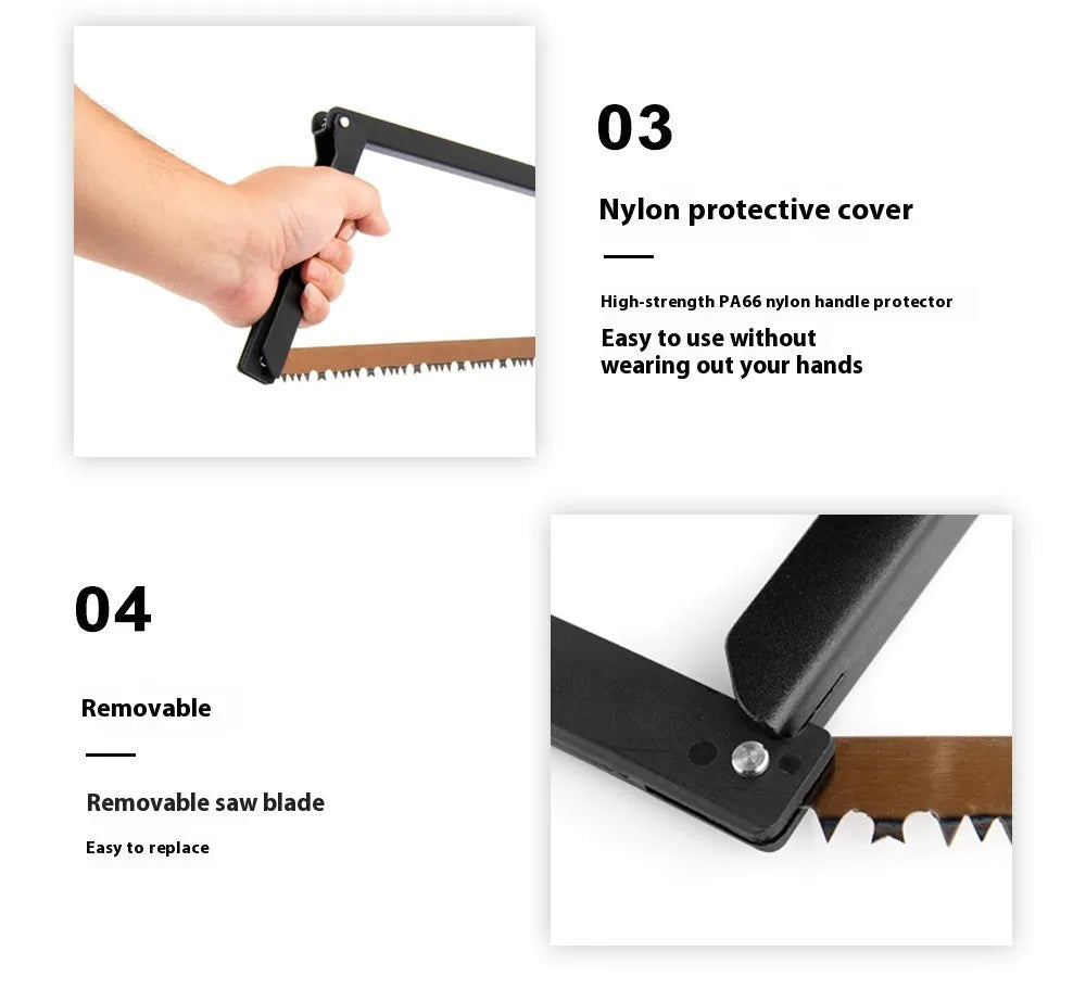 Black outdoor foldable saw with aluminium and nylon handle shown in open cutting position