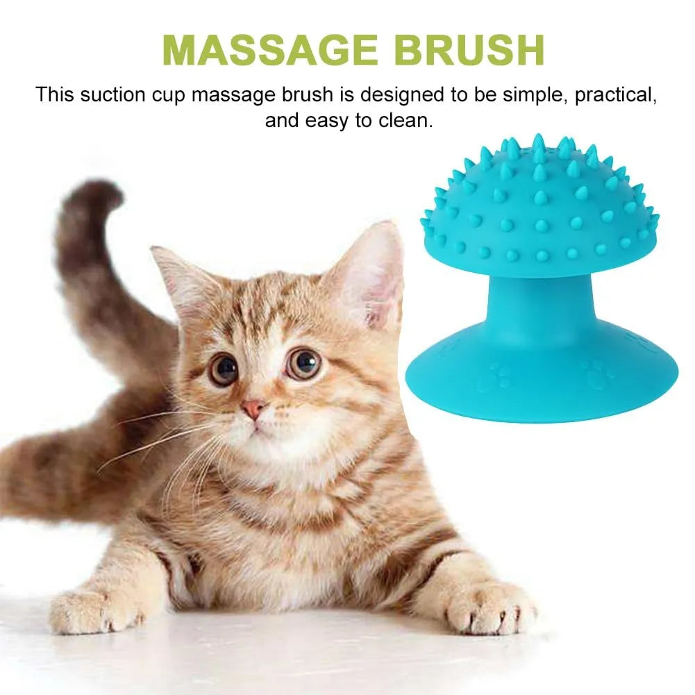Blue cat self groomer mounted on wall with brush head and cat mint compartment