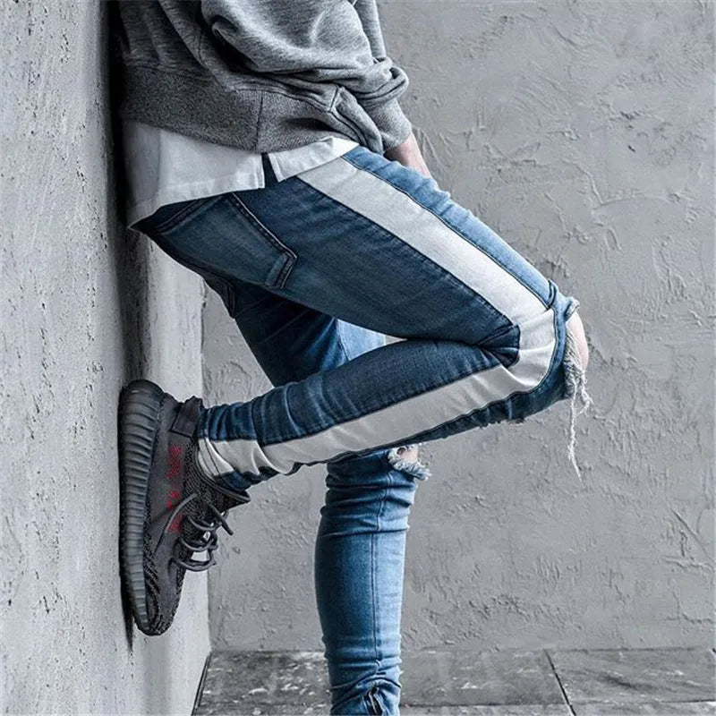 Men's ripped cotton denim slim fit jeans with distressed details in black and blue options