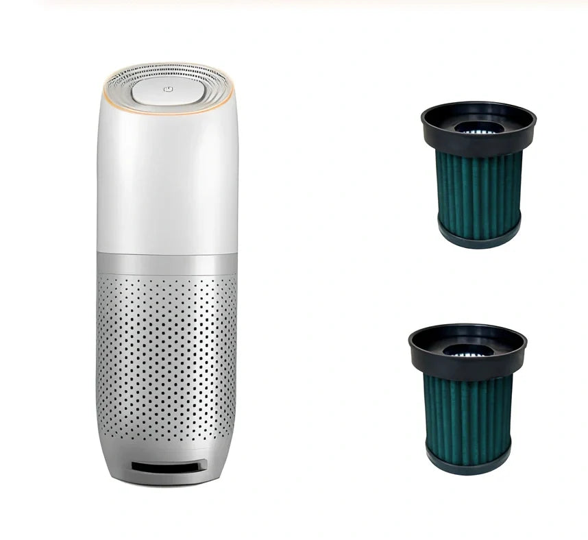 KQ-20 car air purifier in white, Ø74 × 196mm size filtering 0.3μm particles for vehicle cup holder use