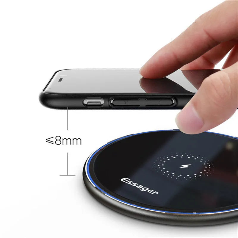 Black or white 15W fast wireless charging pad with LED light and aluminium alloy finish.