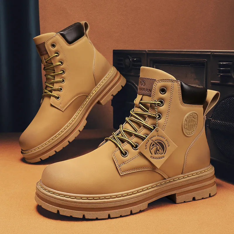 Pair of men's casual biker high top Martin boots, polyurethane upper, round toe, flat sole, available in multiple colours