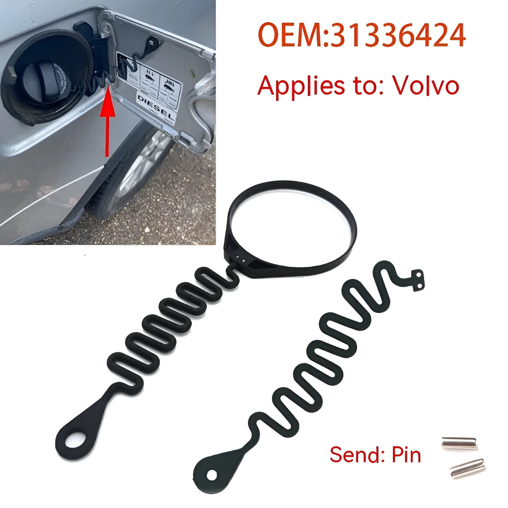 Black rubber fuel cap tether for Volvo cars shown in Circle Band and Separate Rope anti-lost strap styles.