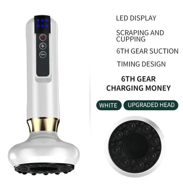 A versatile electric vacuum cupping massager with 12 suction levels, infrared heating, and portable wireless design for holistic self-care at home.