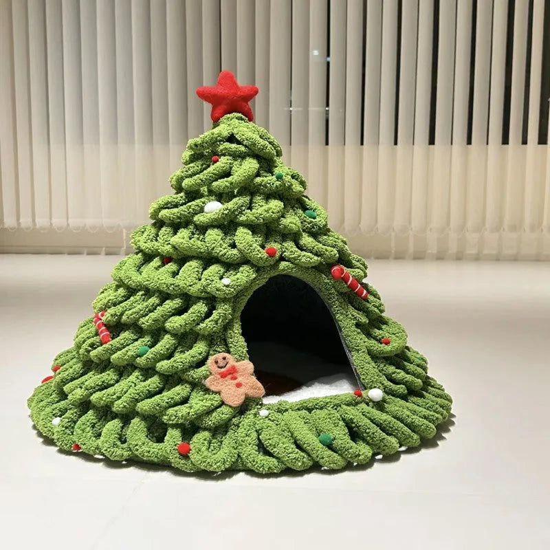 Grey conical felt enclosed cat nest with Christmas handmade design measuring 50cm diameter