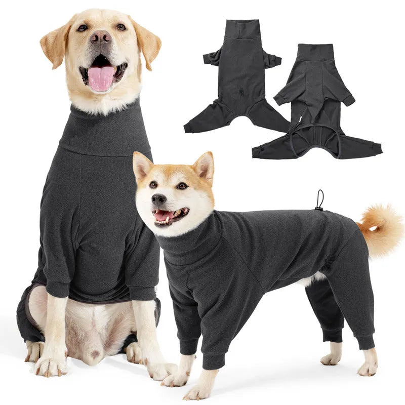 Dark grey polar fleece dog coat with a high collar on a dog, showing the size range from XS to XXXL.
