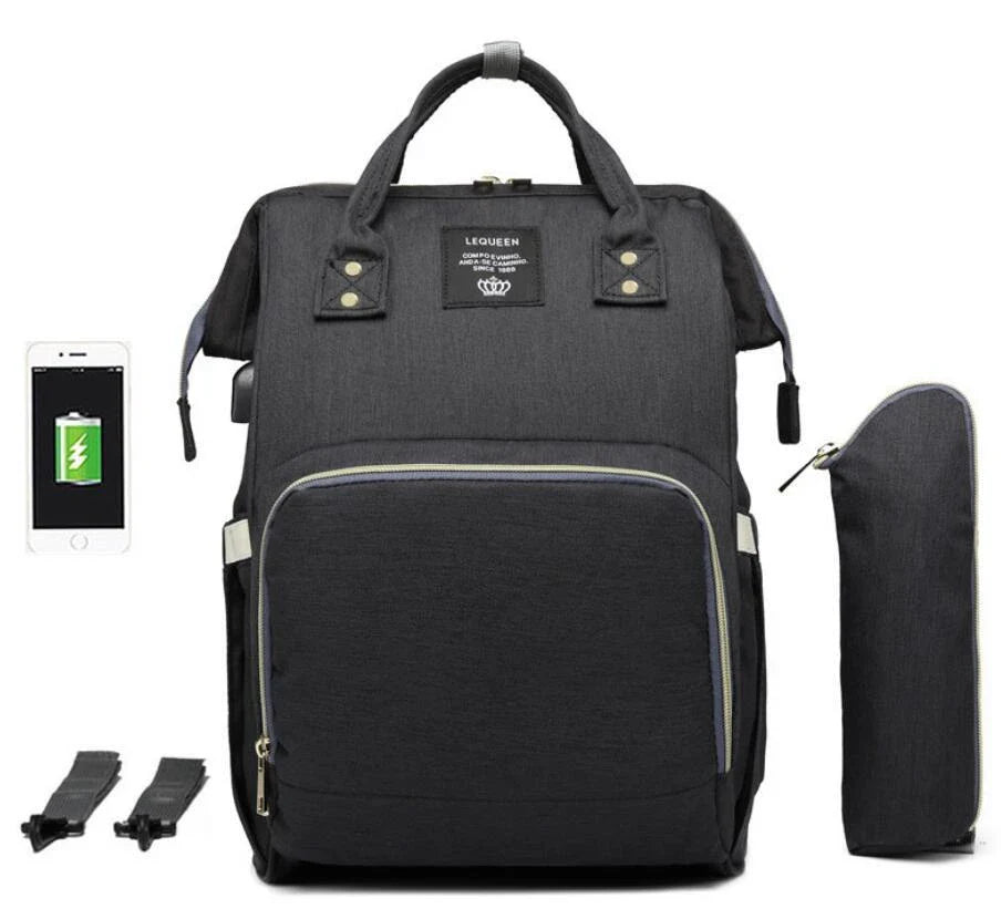 A stylish and practical mummy backpack with features like an insulated bottle compartment, USB charging port, and water-resistant construction.