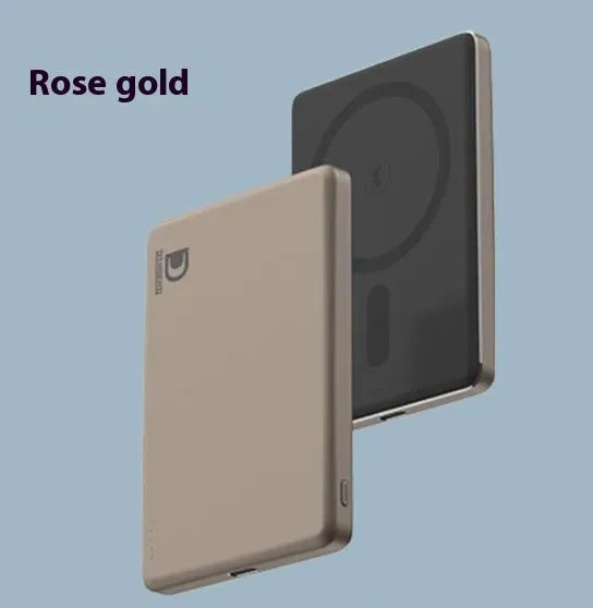 Thin aluminium magnetic power bank for wireless fast charging, shown in deep space black.