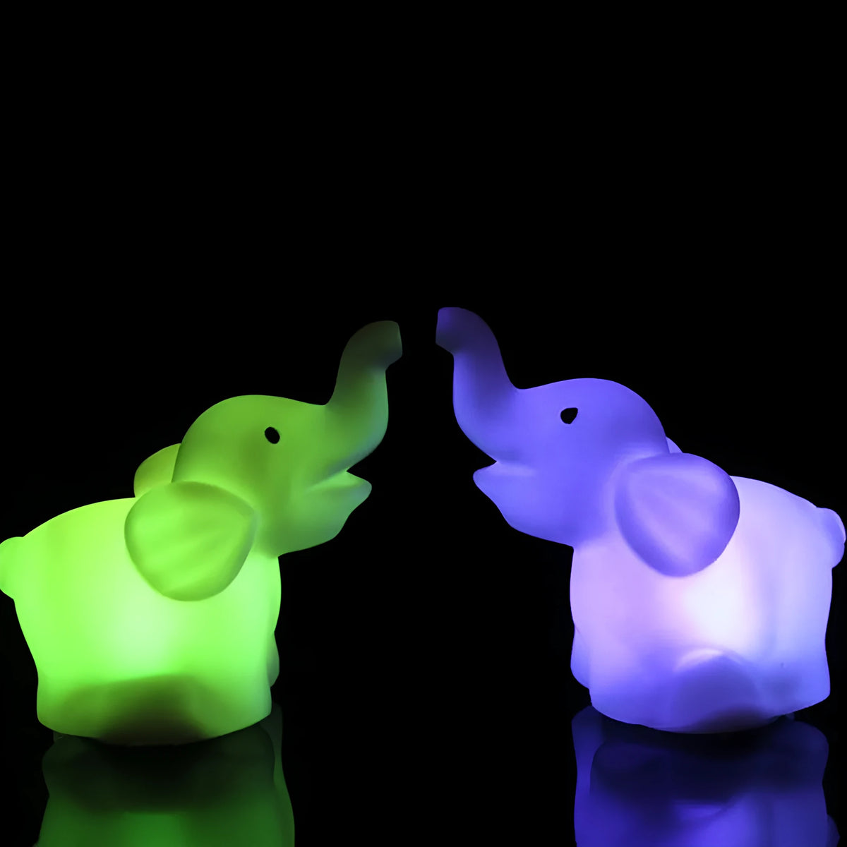 Elephant night light with 7 colour changing slow flashing modes, vinyl body, size 8x8.8x4.5cm, battery powered