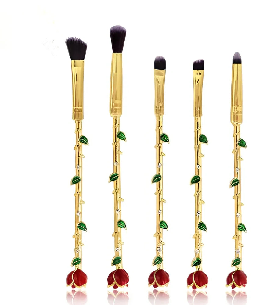 Beauty and the Beast themed makeup brush set in golden finish with 10 synthetic bristle brushes and storage case, 15-18 cm handles
