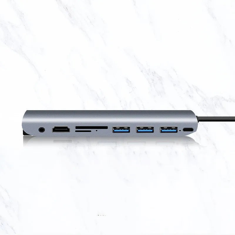 9-in-1 USB C hub docking station in space grey aluminium alloy with round-wire cable