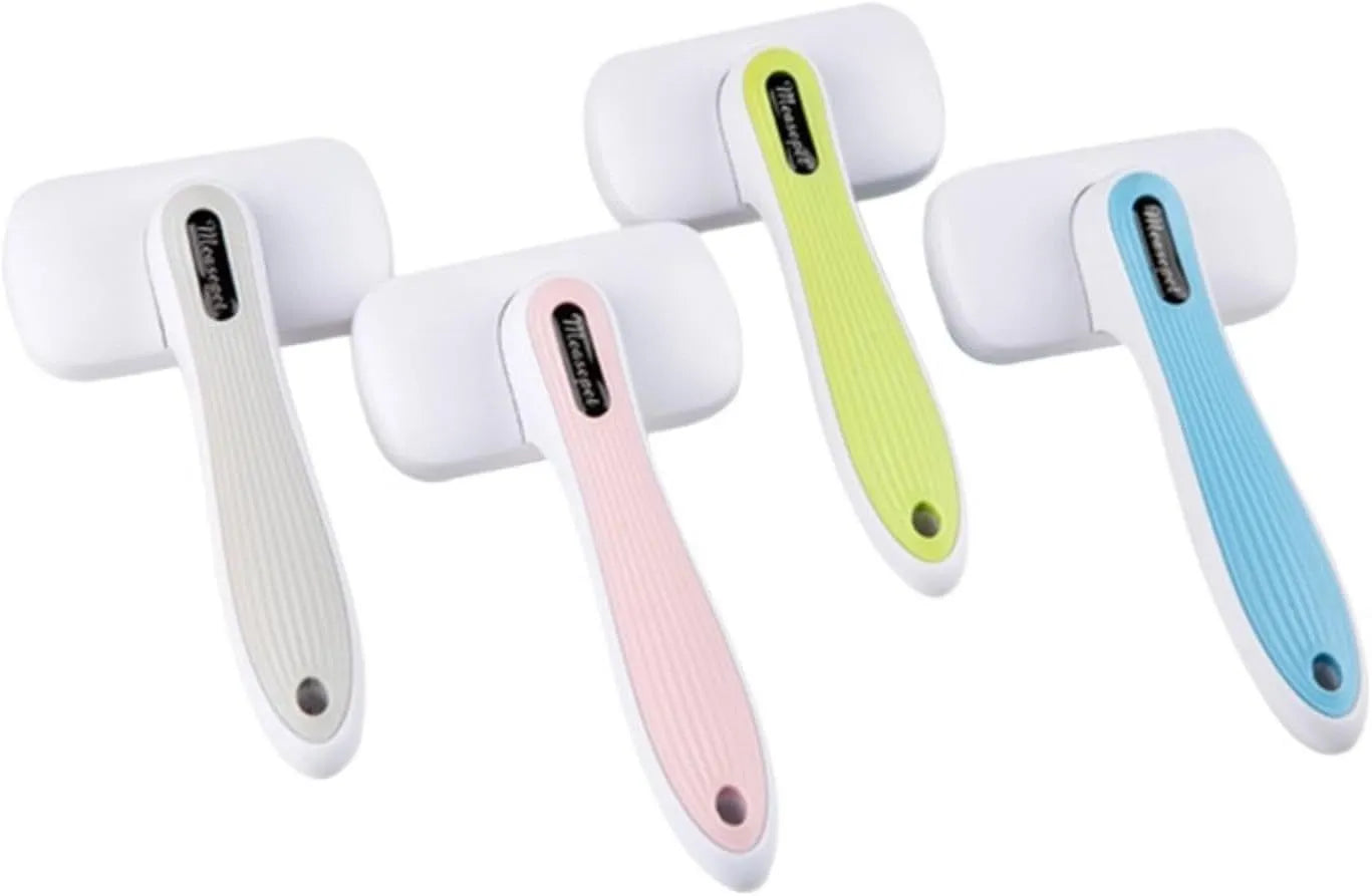 Blue automatic hair removal comb for dogs and cats on a white background