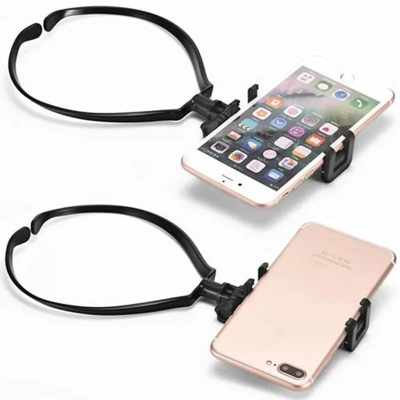 Black wearable neck phone holder showing adjustable angle and flexible ring for comfort.