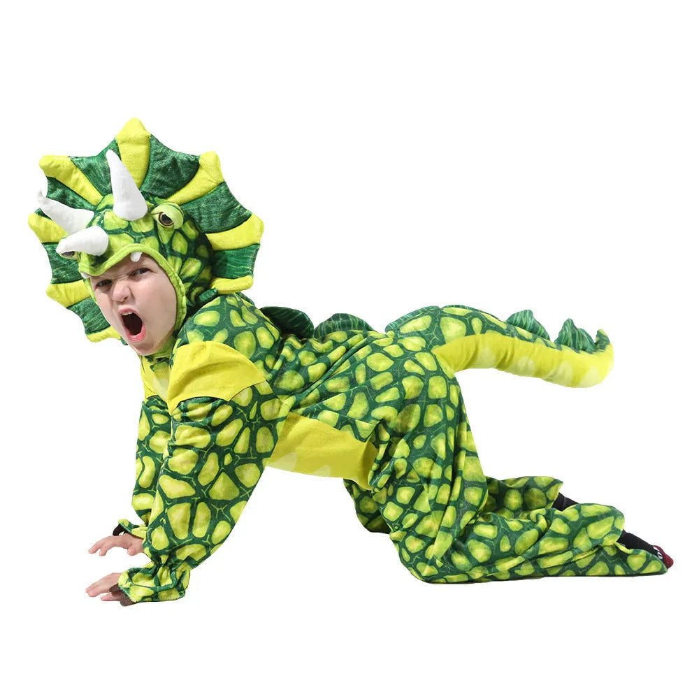 Children's one-piece dinosaur Halloween costume playsuit in green, available in sizes 100cm, 110cm, and 120cm.