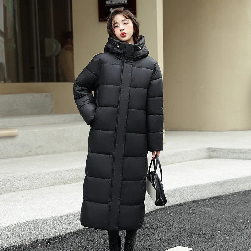 Women's super long winter puffer coat in black, dark red, white, and khaki with hood