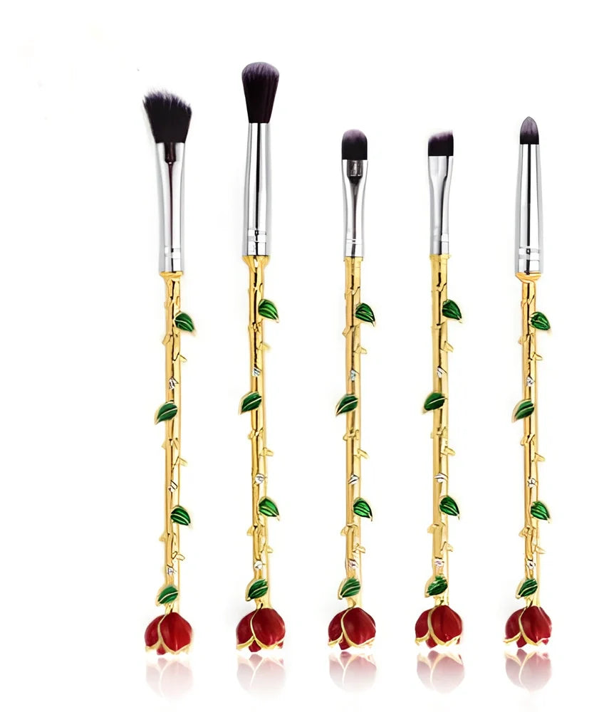 Beauty and the Beast themed makeup brush set in golden finish with 10 synthetic bristle brushes and storage case, 15-18 cm handles
