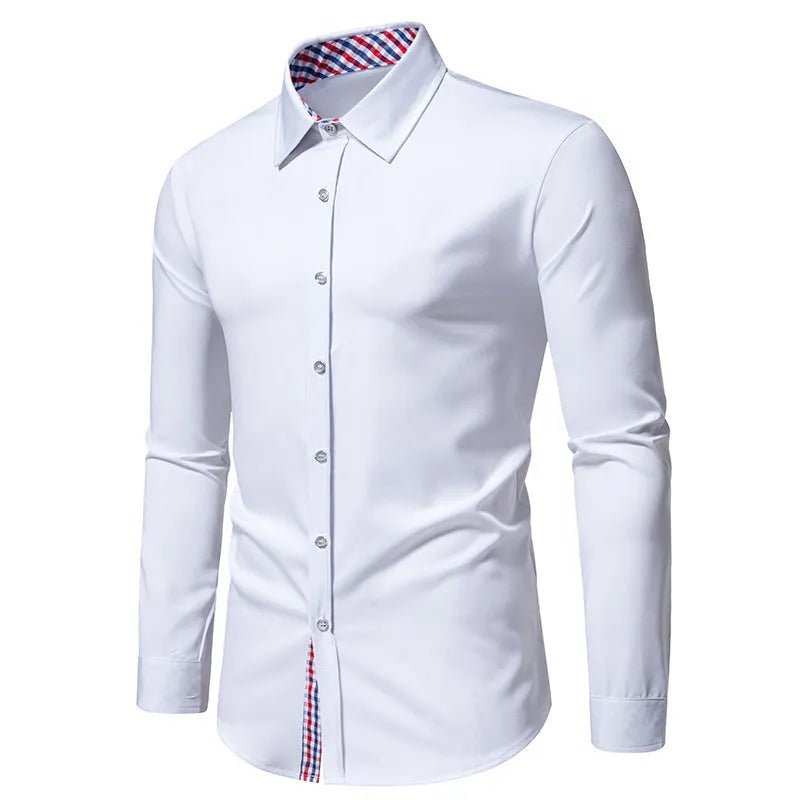 Men's loose-fitting plaid long-sleeved casual shirt in wine red, hanging on a background.