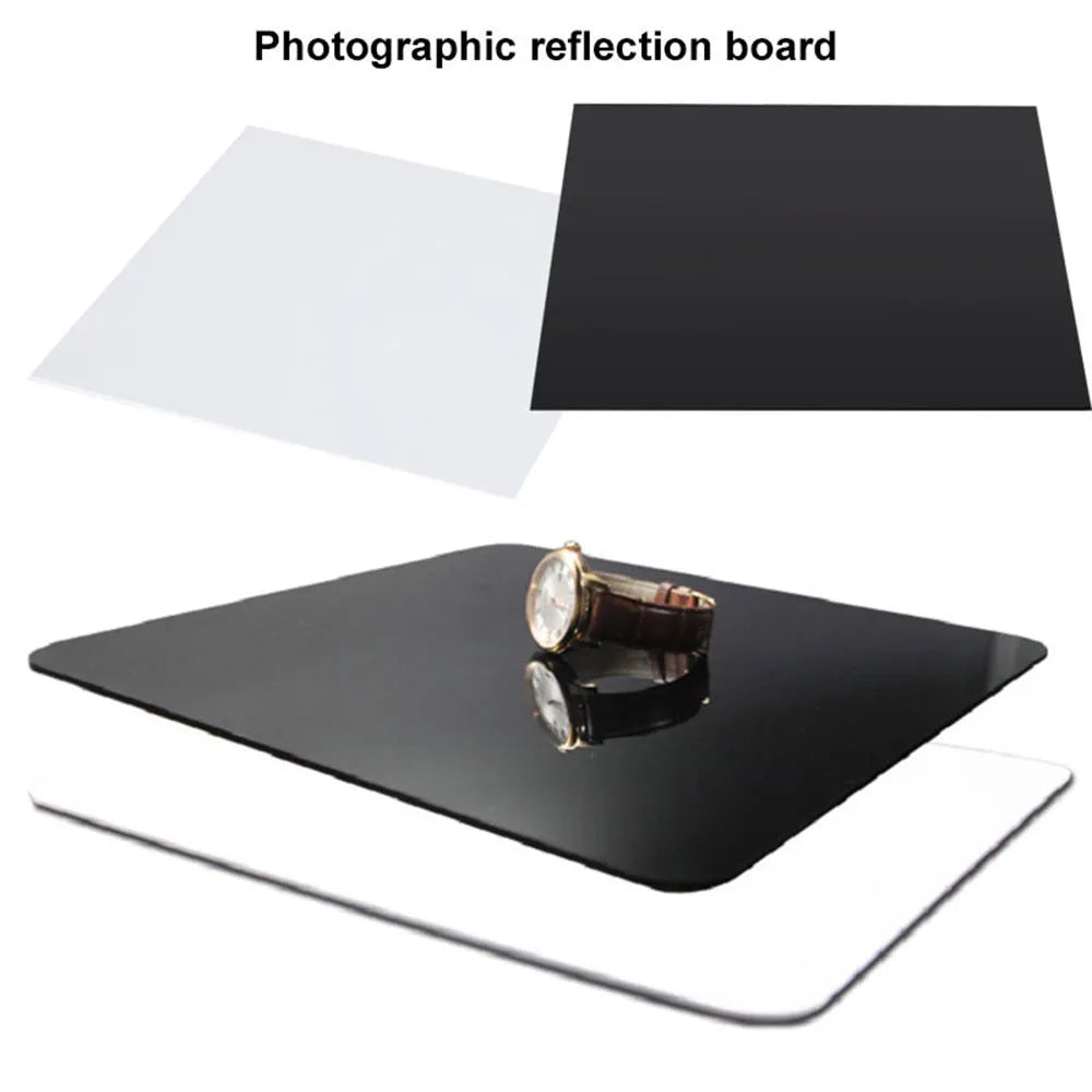 Black and white square acrylic reflection boards for tabletop product photography in three sizes.