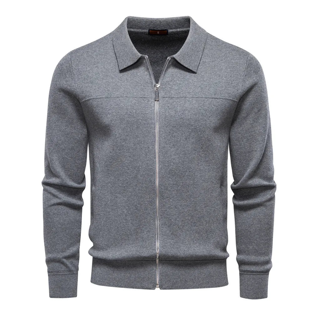 Men's zipper cardigan jacket in 100% cotton, slim fit, black colour, front view