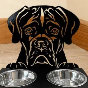 Personalised wrought iron dog bowl rack with custom name, 33x17x7cm, holding a metal dog bowl