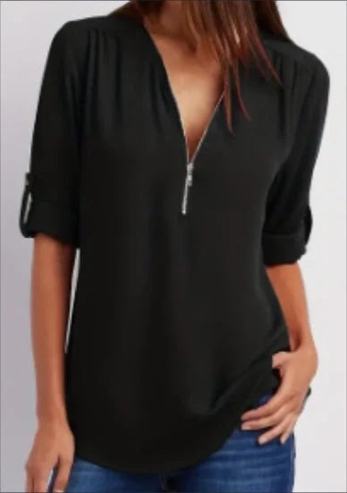 Women's ruched half zip casual blouse with rollable sleeves in various colours
