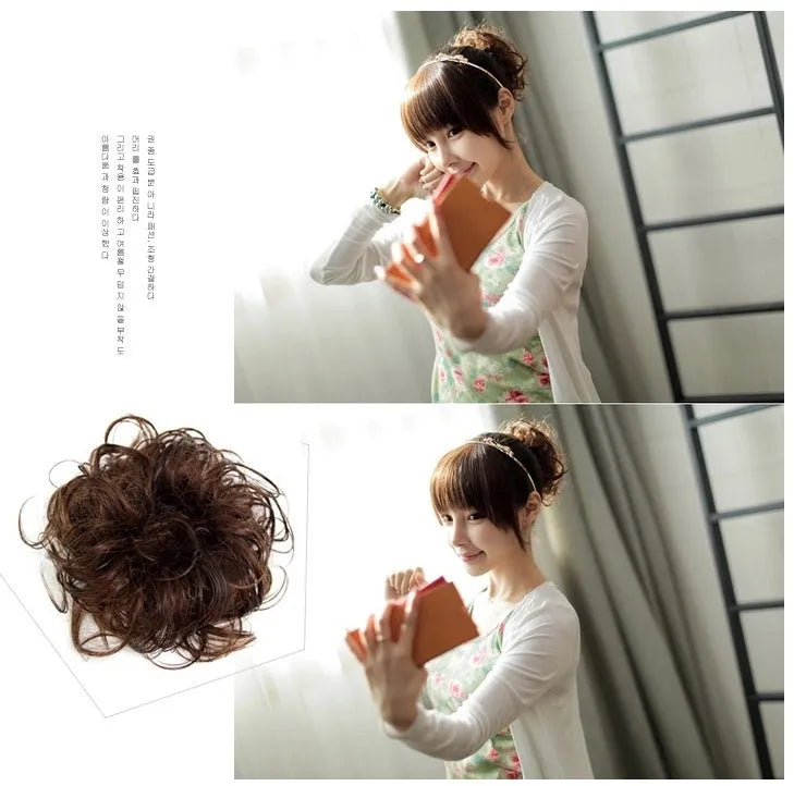 Fluffy drawstring curly hair bun in black with high-temperature wire core for women