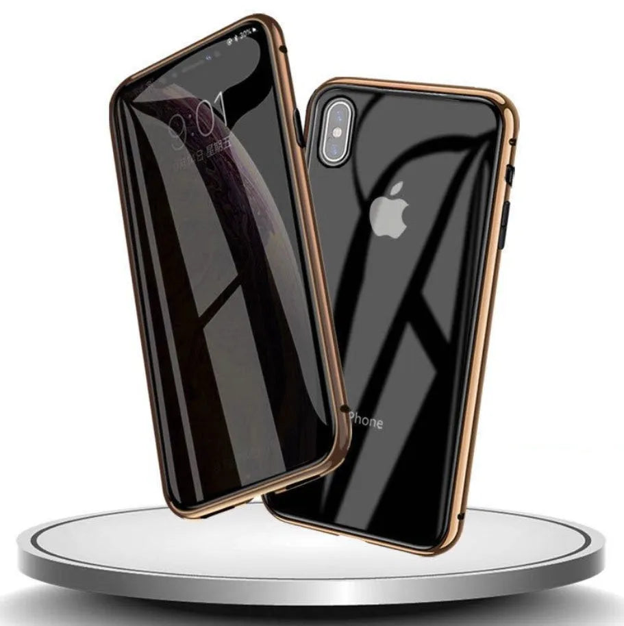 Glass anti-spy clamshell phone case in multiple colours for iPhone models.