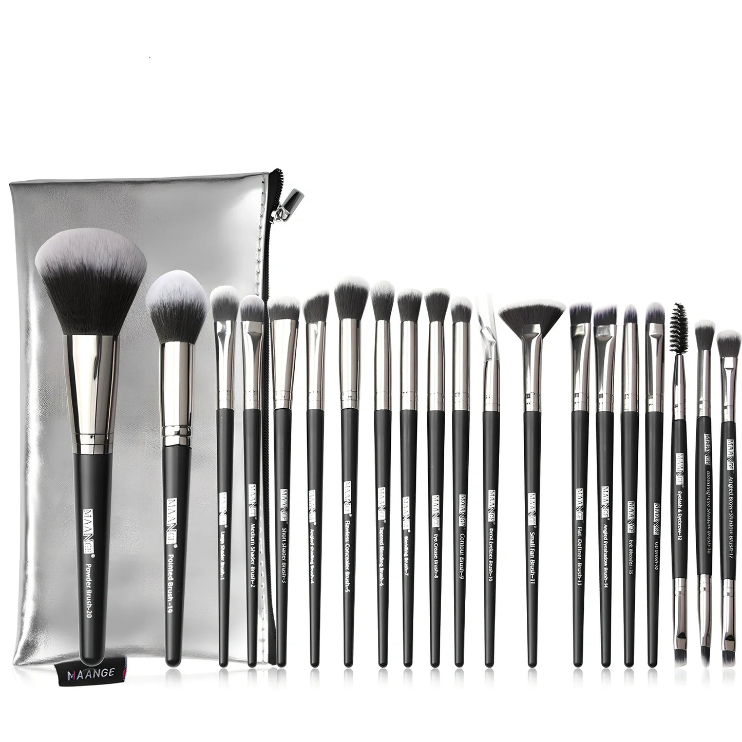 Black 20-piece nylon makeup brush set with PU storage bag, dimensions 19.5 x 12.5 x 2 cm, for precise application