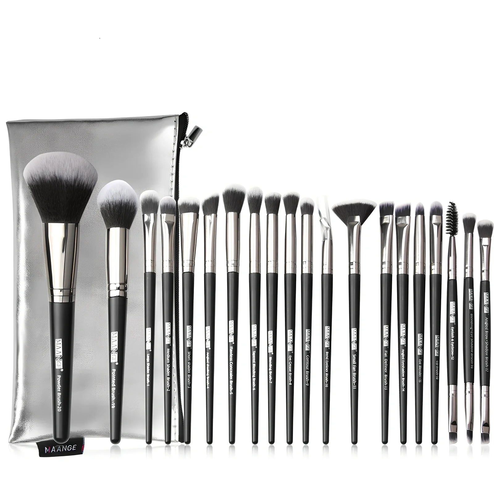Black 20-piece nylon makeup brush set with PU storage bag, dimensions 19.5 x 12.5 x 2 cm, for precise application