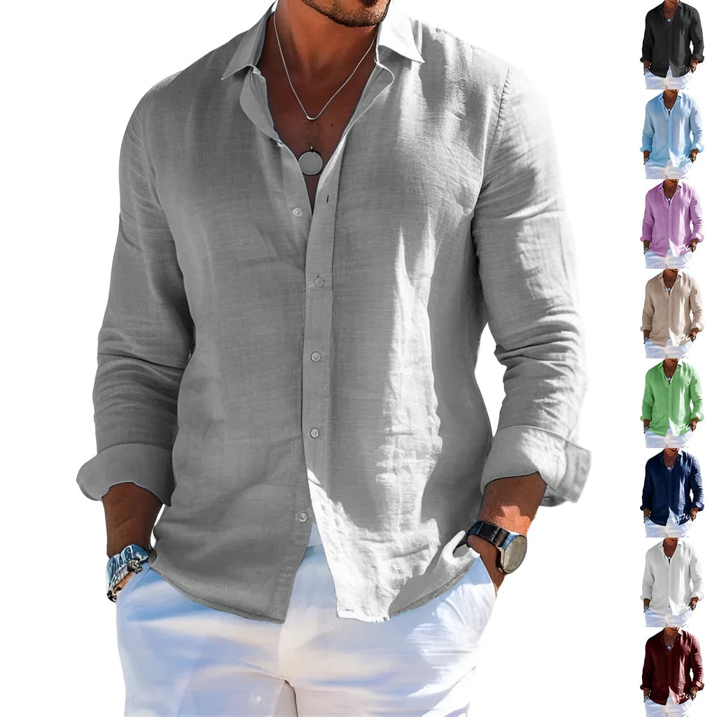 Men's long sleeve shirt casual loose lapel button top solid colour polyester plus size blouse clothing