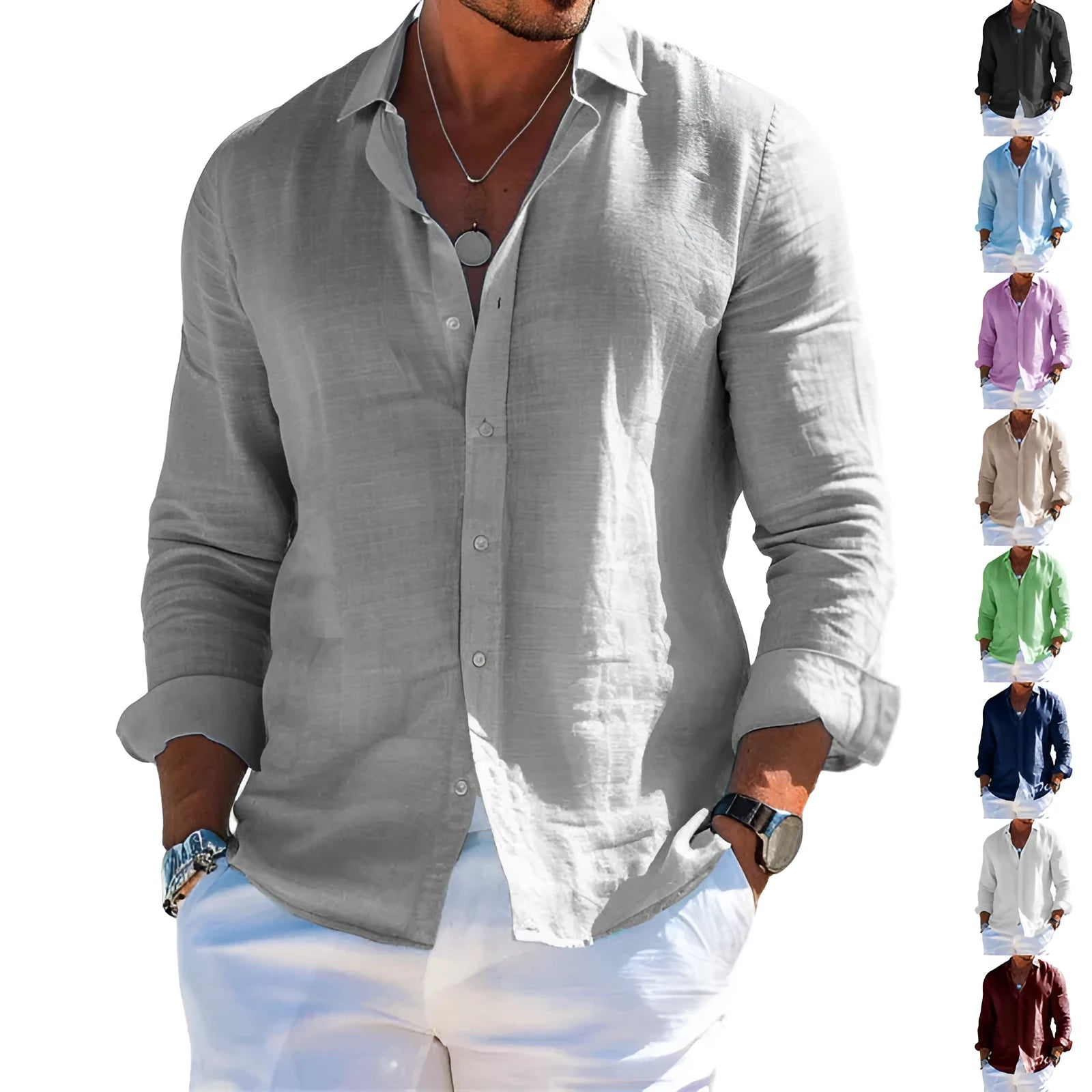Men's long sleeve shirt casual loose lapel button top solid colour polyester plus size blouse clothing