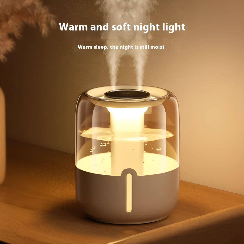 Beige round USB humidifier with dual spray nozzles, humidity display, and night light on a wooden surface.