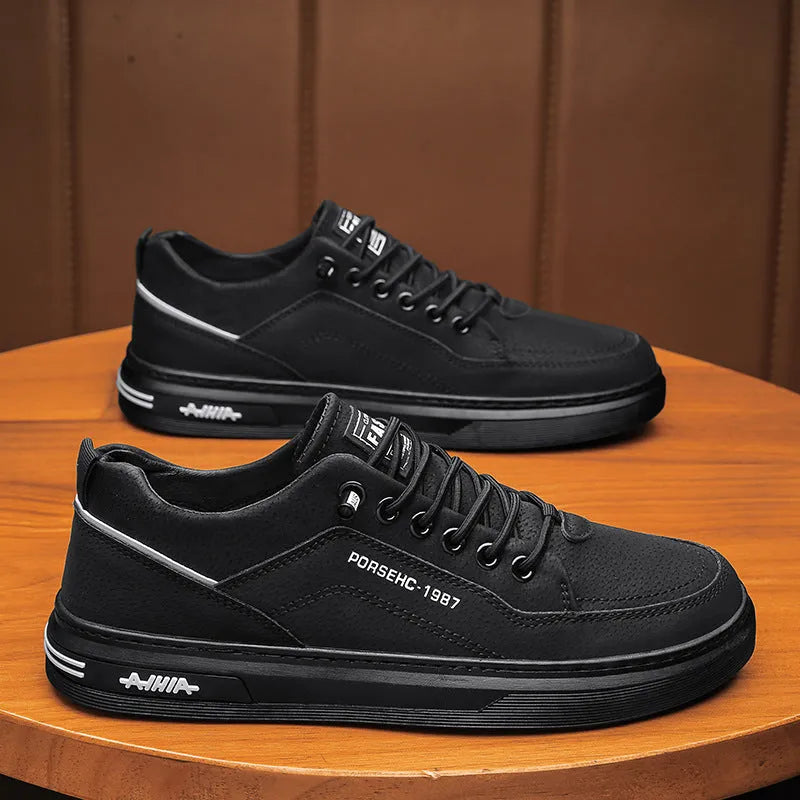 Men's low-top casual shoes in khaki with round toe, flat rubber sole, and PU upper material
