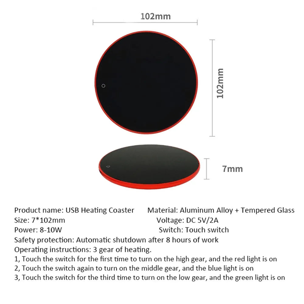 Black USB heating coaster with temperature adjustment buttons for warming coffee and tea mugs