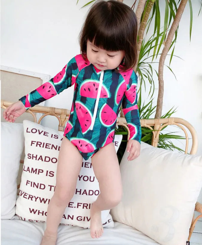 Cool watermelon children's swimsuit set with long sleeves and fruit print for girls