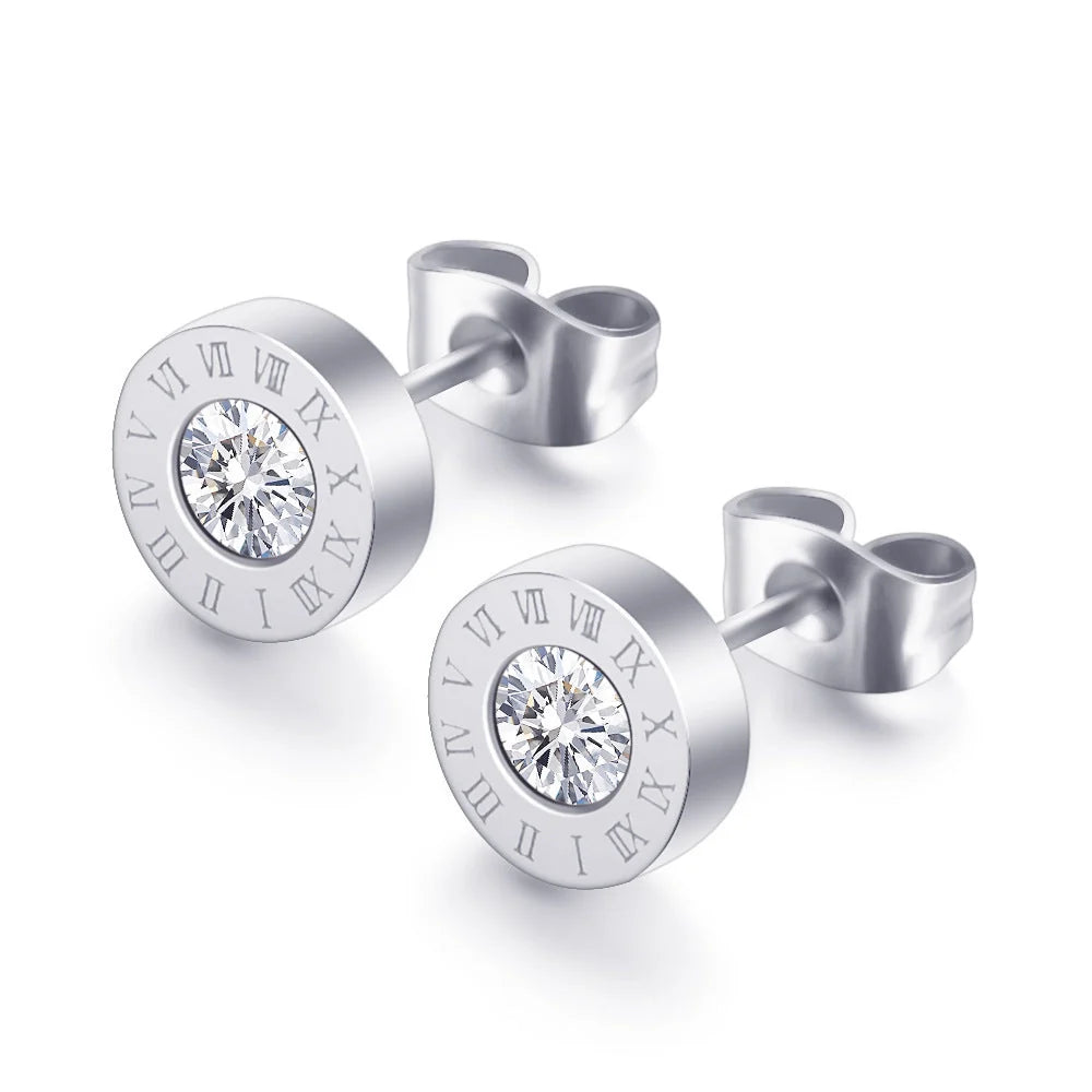 Roman Numerals and Diamond Stud Earrings in titanium steel with gold-plated finishes