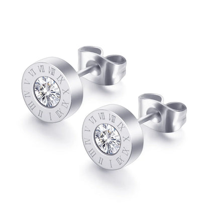 Roman Numerals and Diamond Stud Earrings in titanium steel with gold-plated finishes