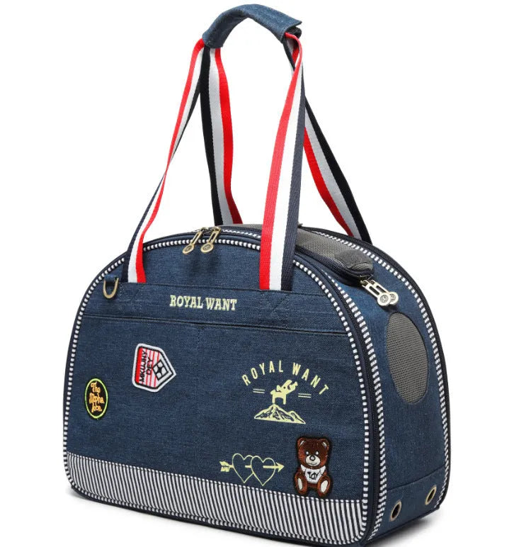 Blue Japanese-style denim pet travel bag with cartoon pattern and dimensions 43x20x30cm