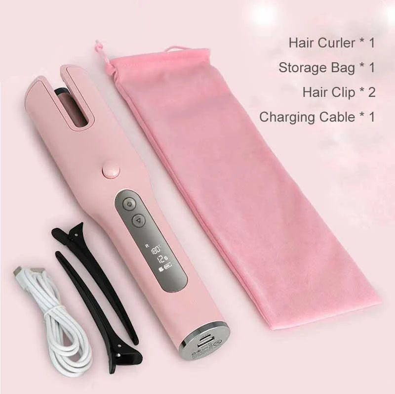 Wireless Automatic Curler with USB LCD Screen and Ceramic Heating in Pink and White