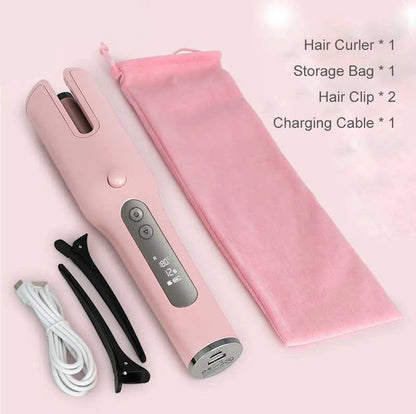 Wireless Automatic Curler with USB LCD Screen and Ceramic Heating in Pink and White