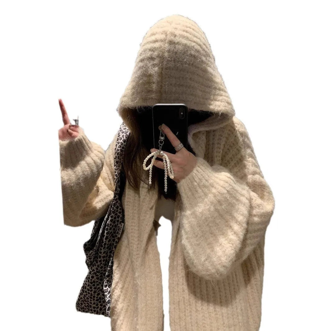 Women's dark grey retro-style hooded sweater cardigan on a hanger.