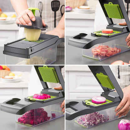 Versatile vegetable slicer with interchangeable blades for slicing, dicing, and shredding a variety of fruits and vegetables