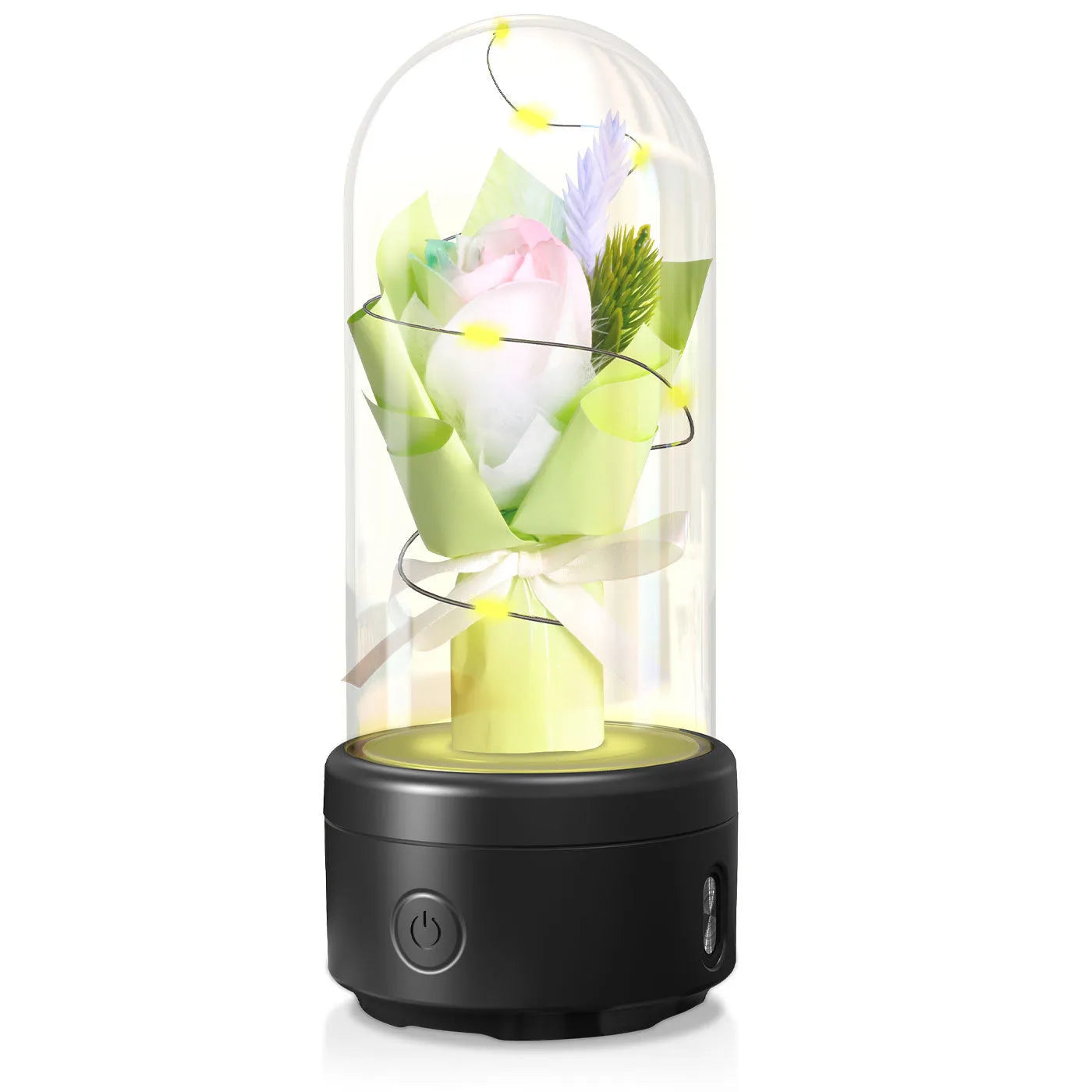 Rose-shaped LED bouquet night light with Bluetooth speaker enclosed in glass cover