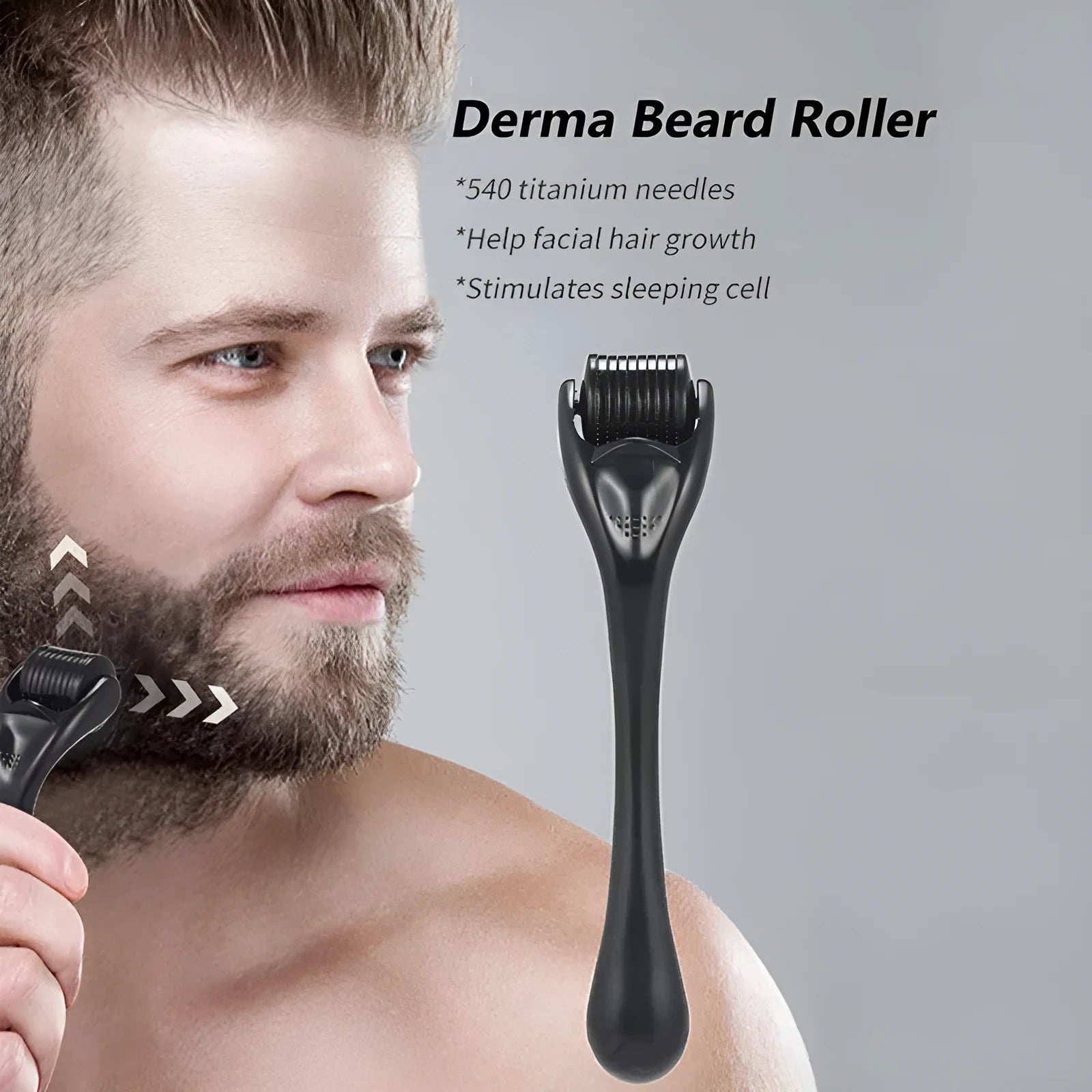 Black and purple derma rollers with titanium microneedle heads, showing size options from 0.2mm to 1.0mm.