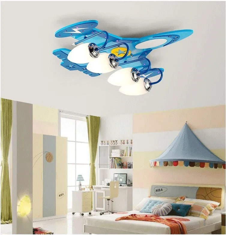Children's cartoon airplane ceiling light with wood art construction and rectangular glass shade