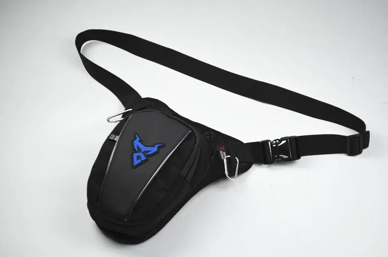 Red motorcycle crossbody leg bag made of 1200D Oxford cloth showing size and strap.