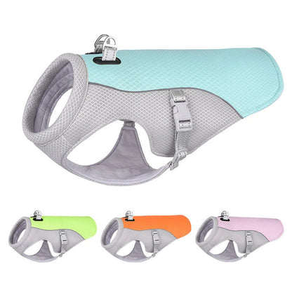 Breathable dog cooling vest in various colors and sizes, designed to keep pets cool and comfortable during outdoor summer activities