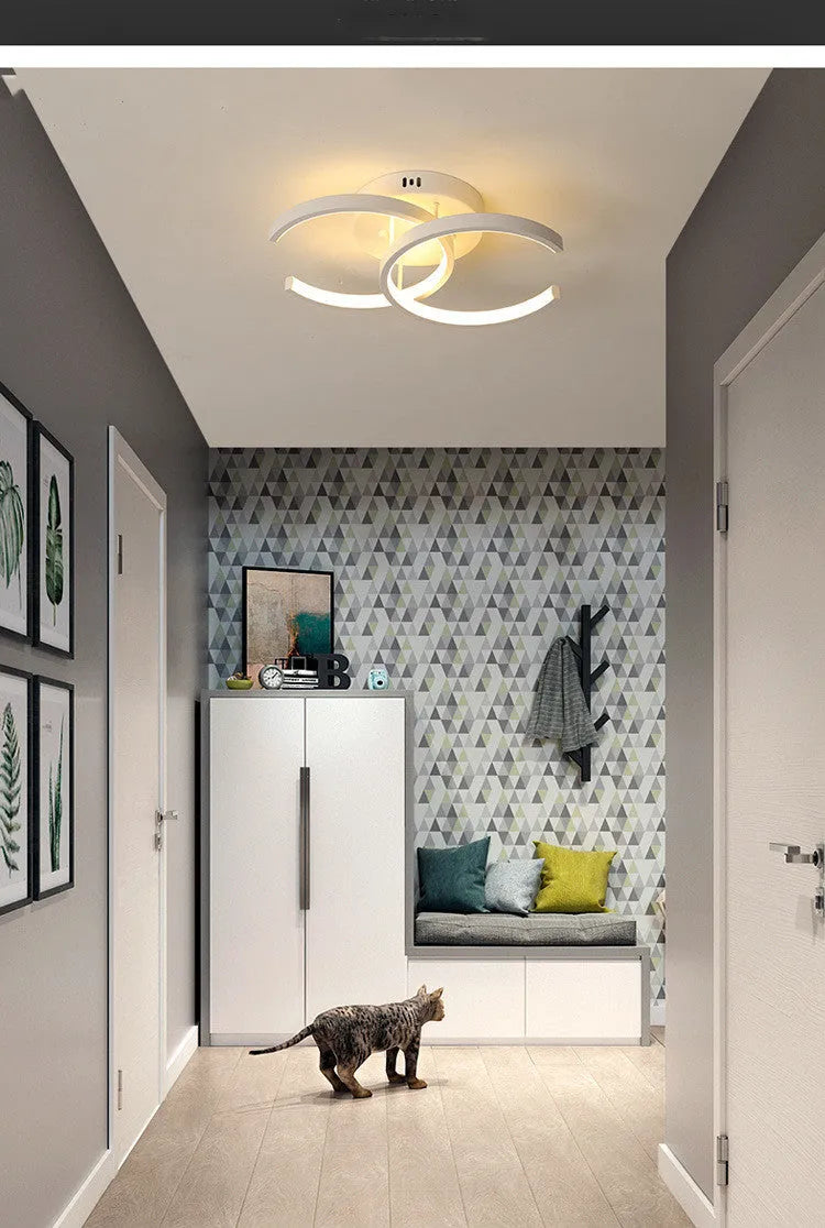 Commercial LED corridor lighting in black double semicircle, white double circle, and white bipartite designs