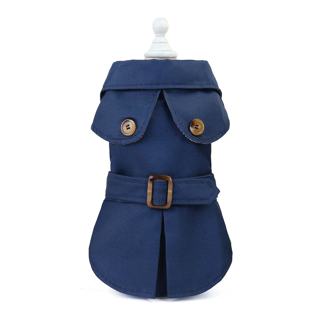 Pet dog coat in khaki polyester two-legged style side view with back length measurement visible