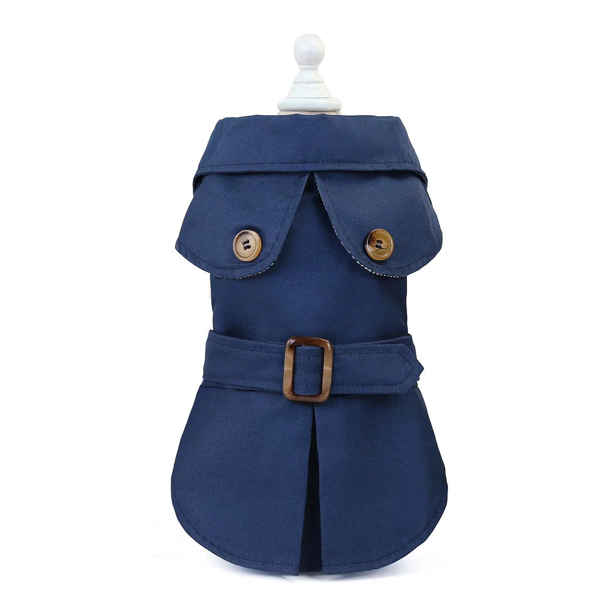 Pet dog coat in khaki polyester two-legged style side view with back length measurement visible